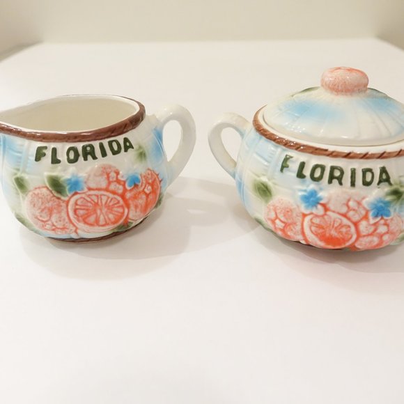 Florida Oranges 3D with blue flowers Creamer and Sugar Bowl with Lid Set - Picture 2 of 6